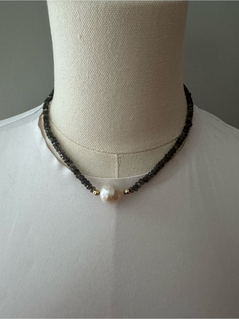 Labradorite Bead Necklace with fresh water Pearl and 14kt gold accent
